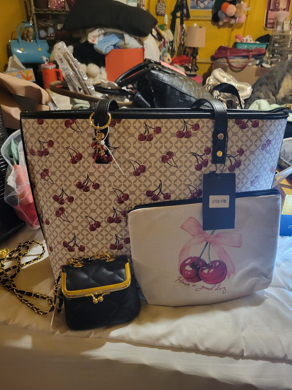 Cherry Print Tote Bag with Matching Pouch - Beige/Maroon